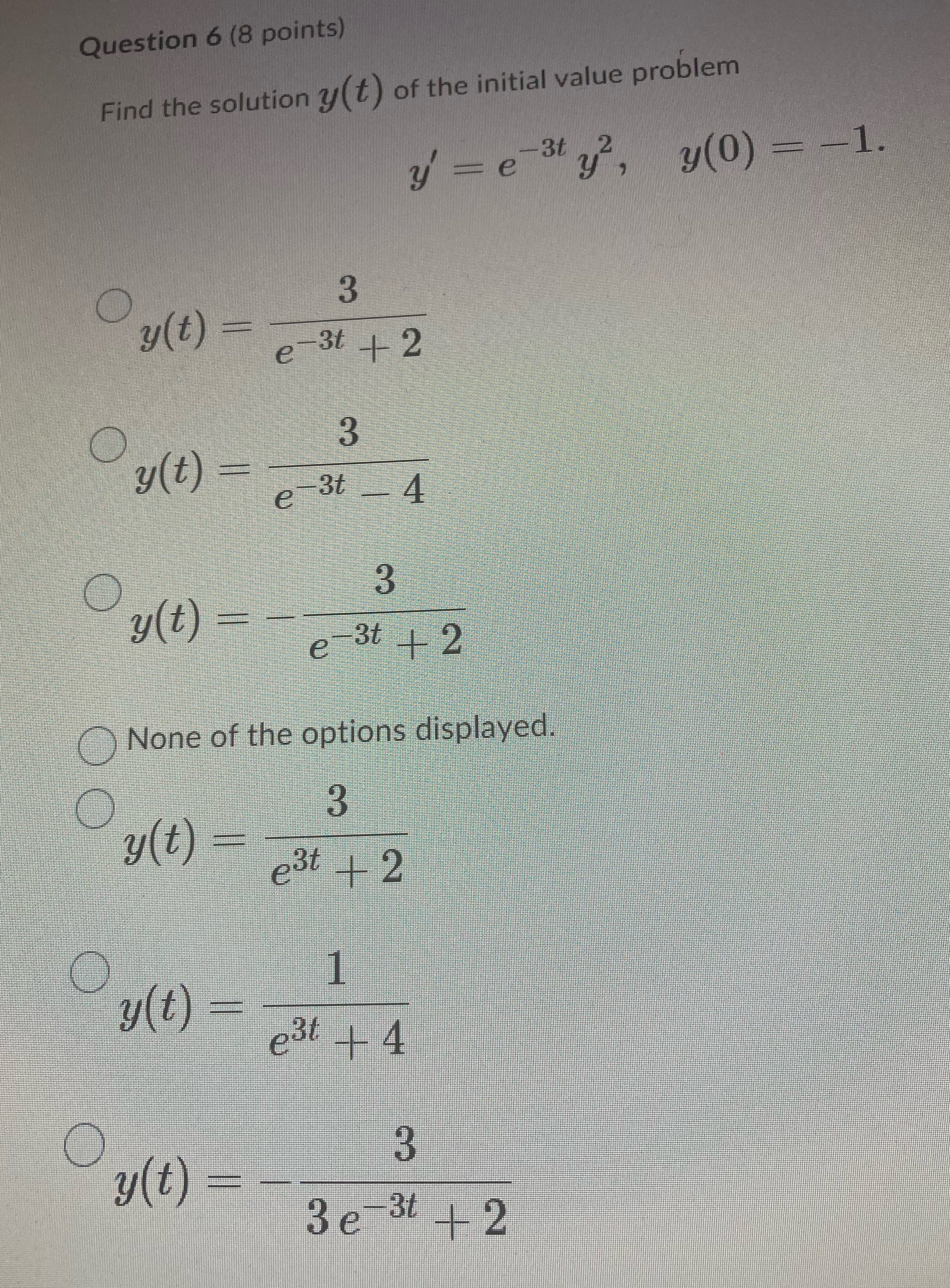  Question 6 (8 points) Find the solution y (t ) of