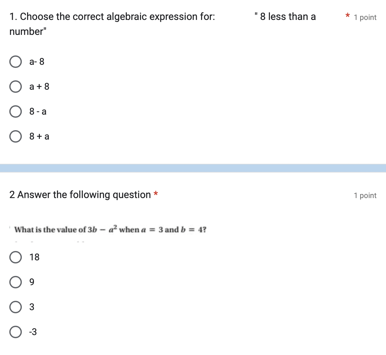  1. Choose the correct algebraic expression for: number" 2 Answer the