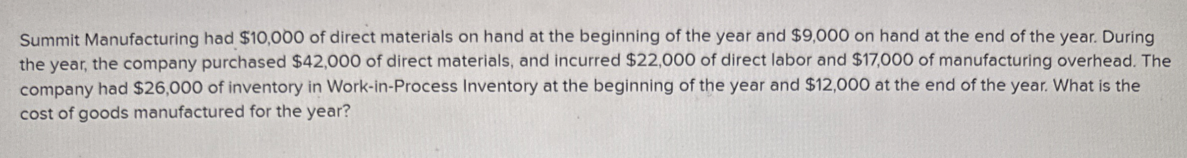  Summit Manufacturing had $10,000 of direct materials on hand at the