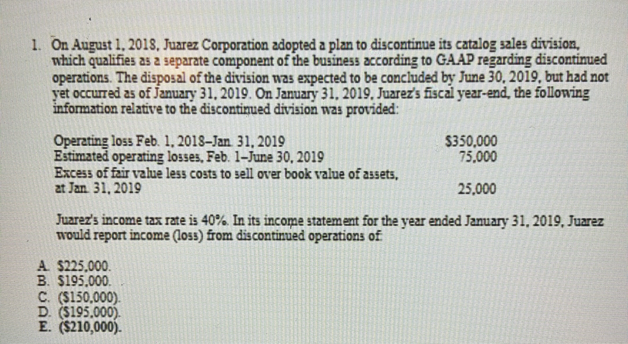  Why is the answer E.($210,000)? On August 1,2018, Juarez Corporation adopted