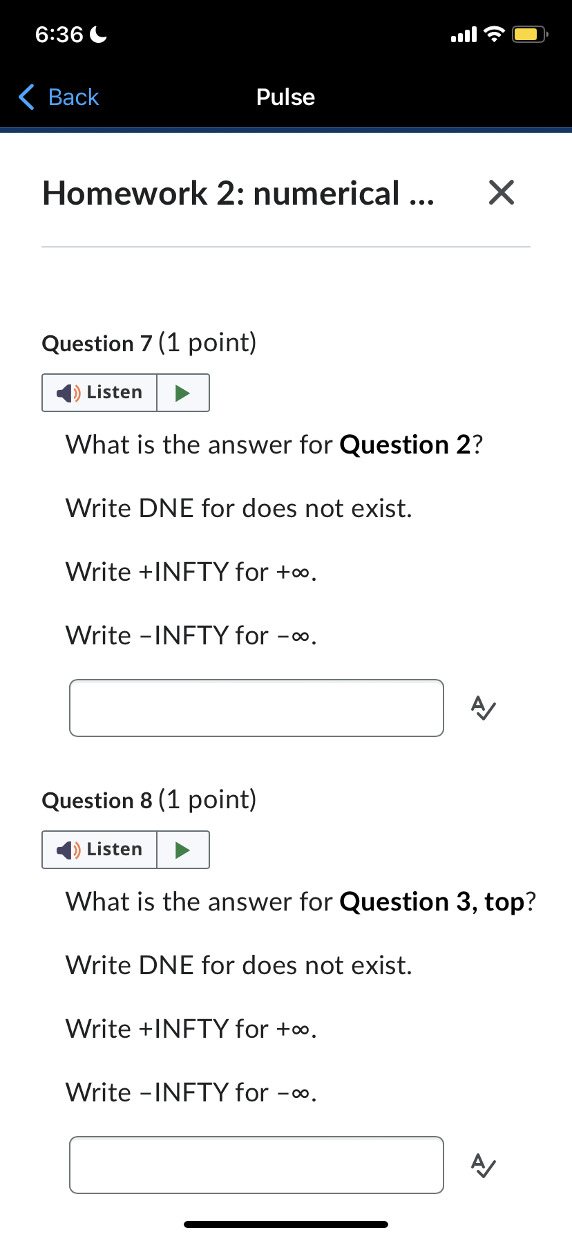 Back Pulse Homework 2: numerical ... X Question 1 (1 point) Listen