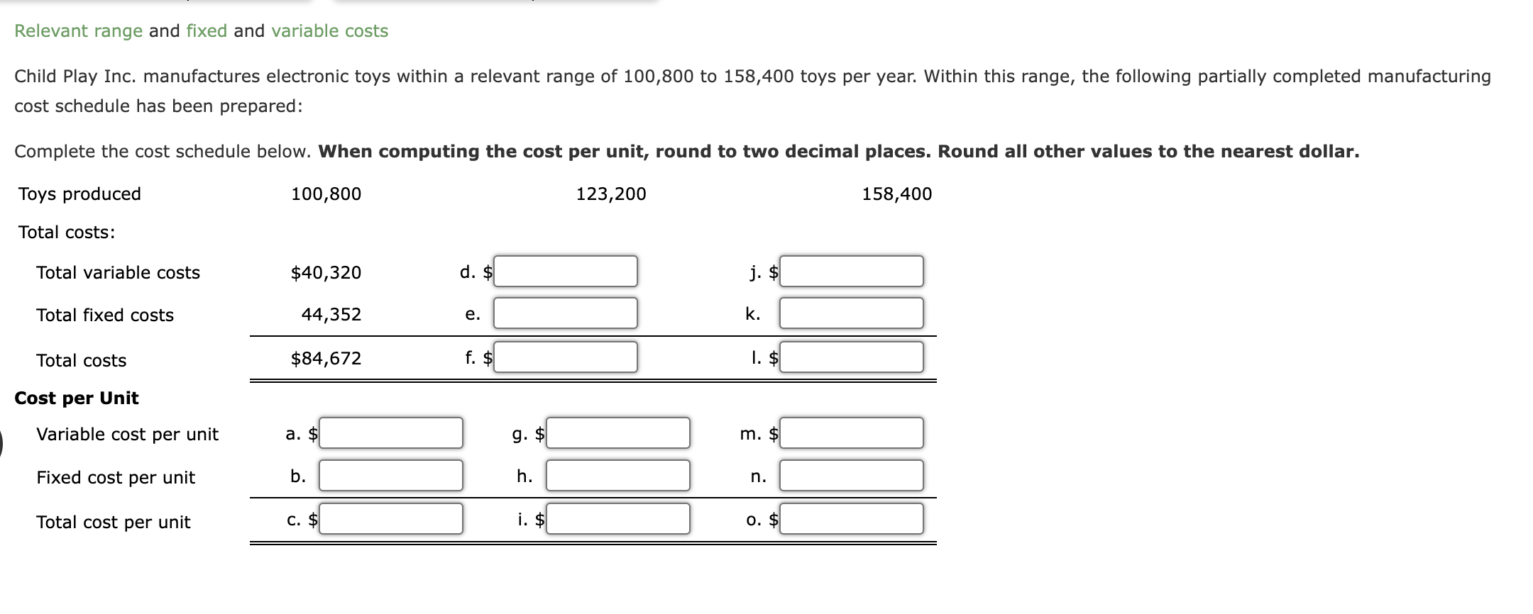  Relevant range and fixed and variable costs Child Play Inc. manufactures