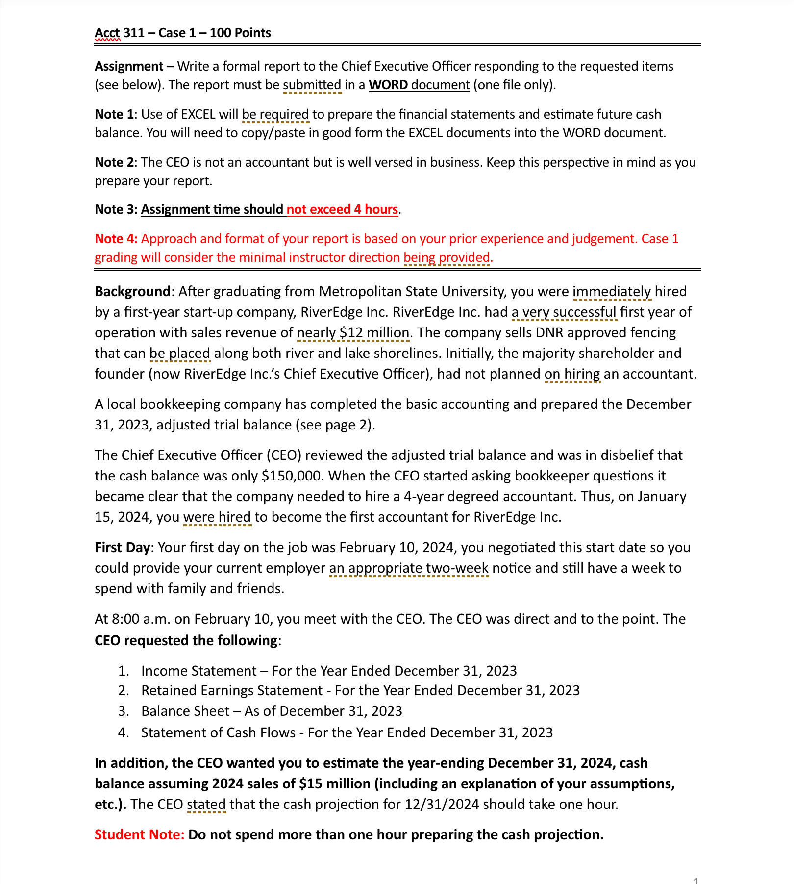  Acct 311- Case 1-100 Points Assignment - Write a formal report