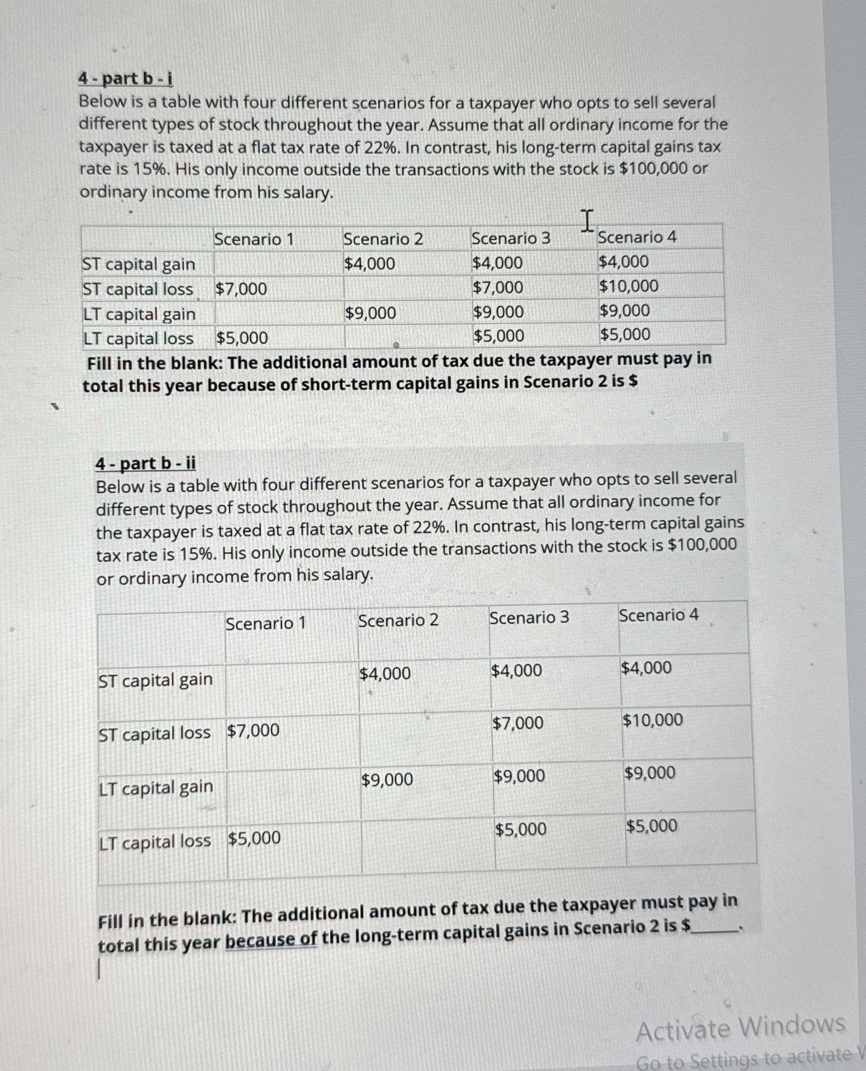 4- part b-i Below is a table with four different scenarios