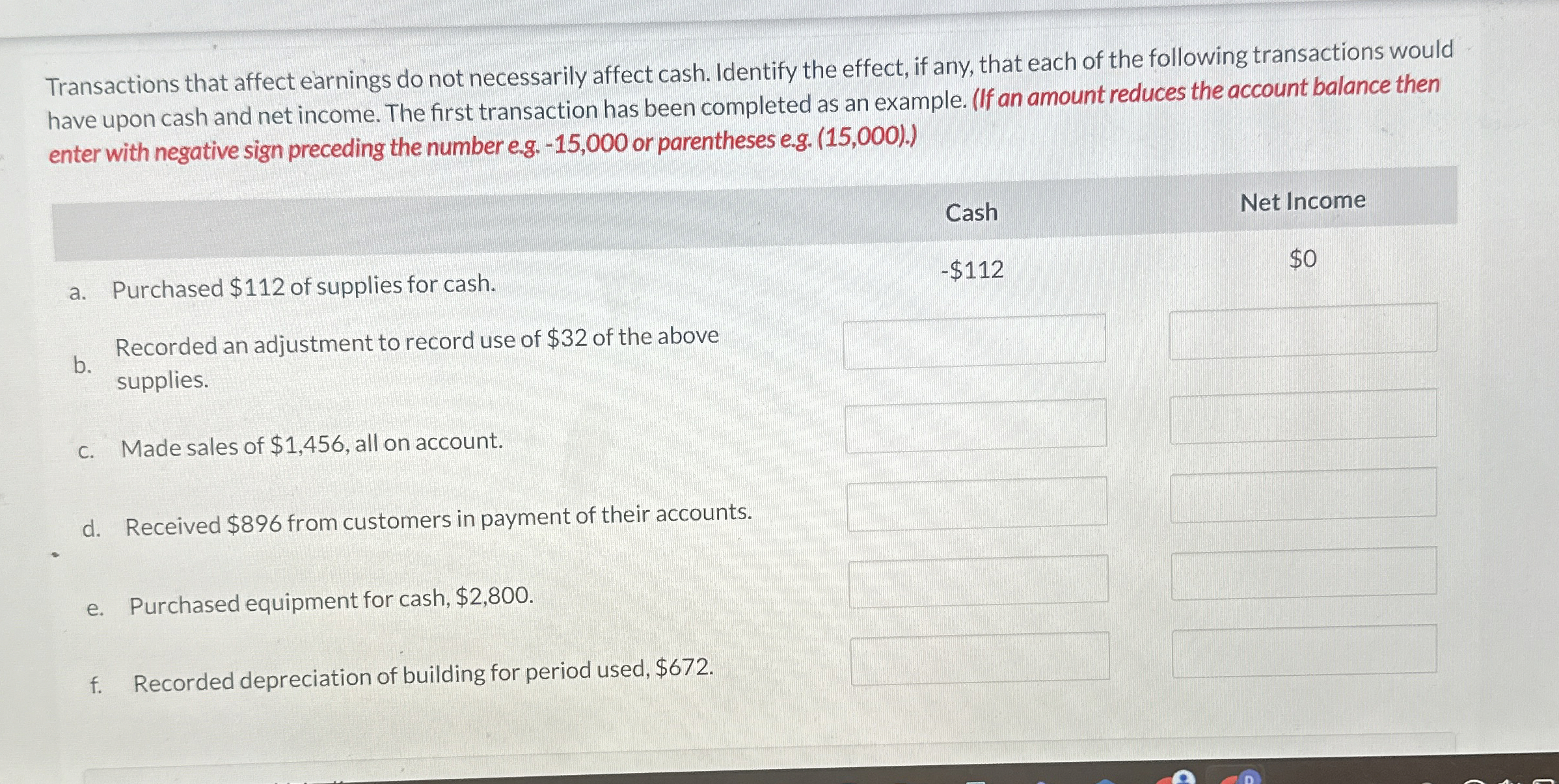  Transactions that affect earnings do not necessarily affect cash. Identify the