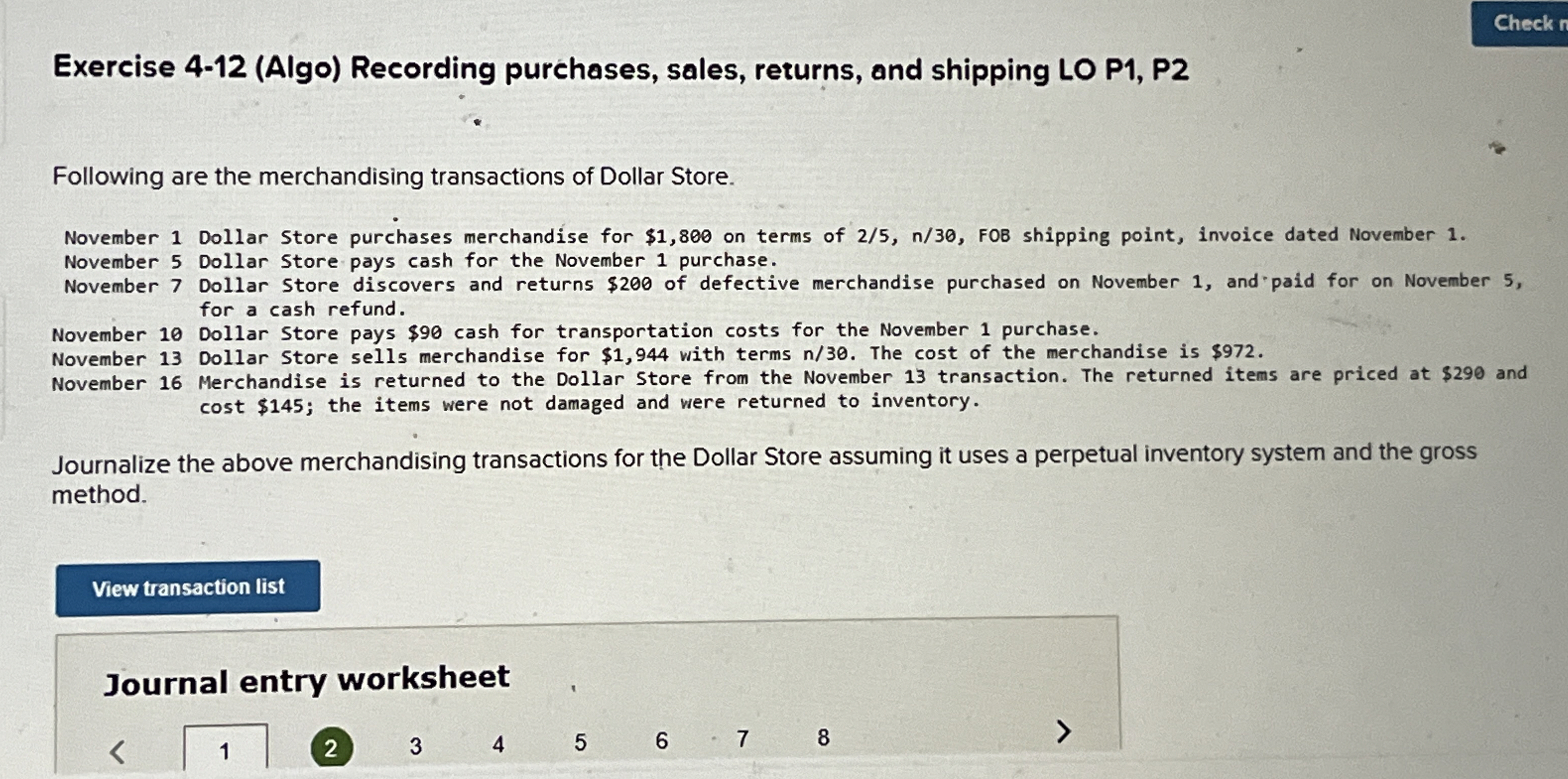  Exercise 4-12(Algo) Recording purchases, sales, returns, and shipping LO P1, P2