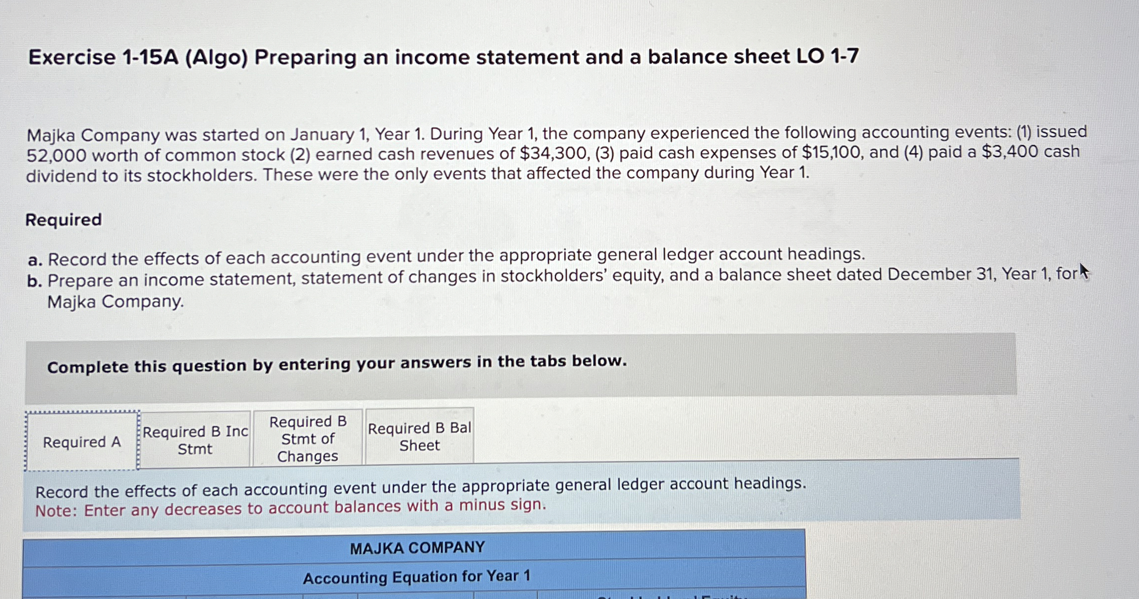  Exercise 1-15A (Algo) Preparing an income statement and a balance sheet