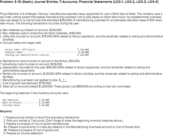  Problem 3-15(Statlc) Journal Entrles; T-Accounts; FInanclal Statements [LO3-1, LO3-2, LO3-3, LO3-4]