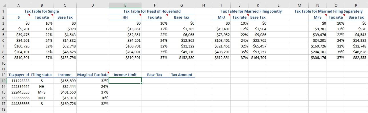  Tax Calculation Worksheet l) In cell E13, retrieve the income limit