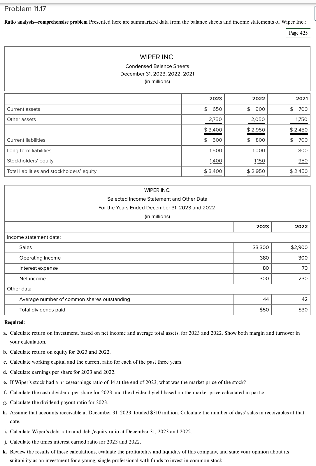  Problem 11.17 Ratio analysis-comprehensive problem Presented here are summarized data from