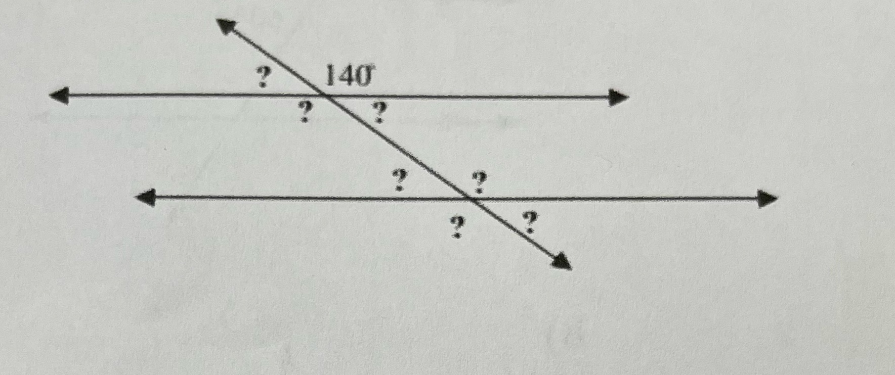 Find the missing angles in the sets of parallel lines. Label each