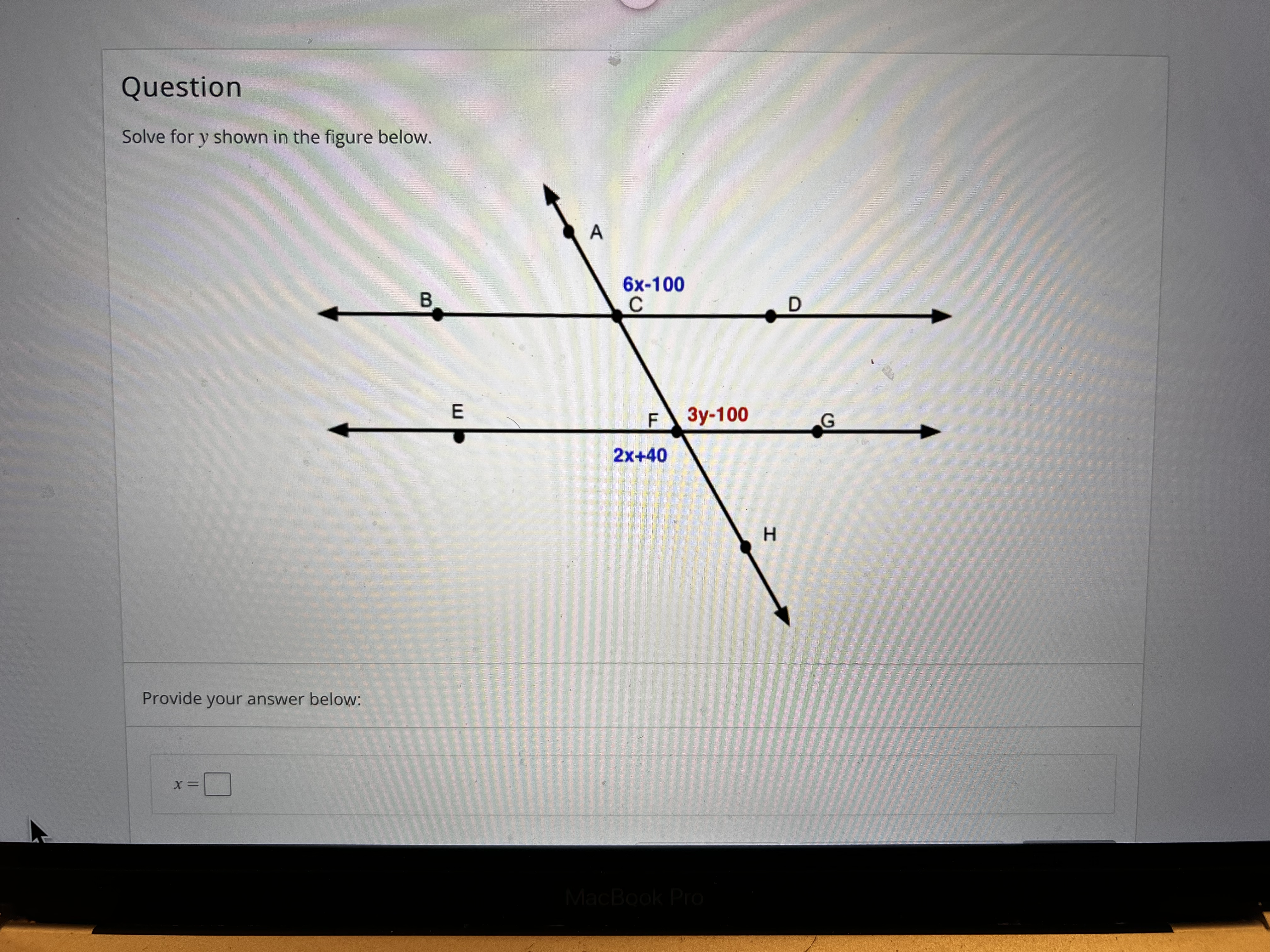  Question Solve for y shown in the figure below. A B