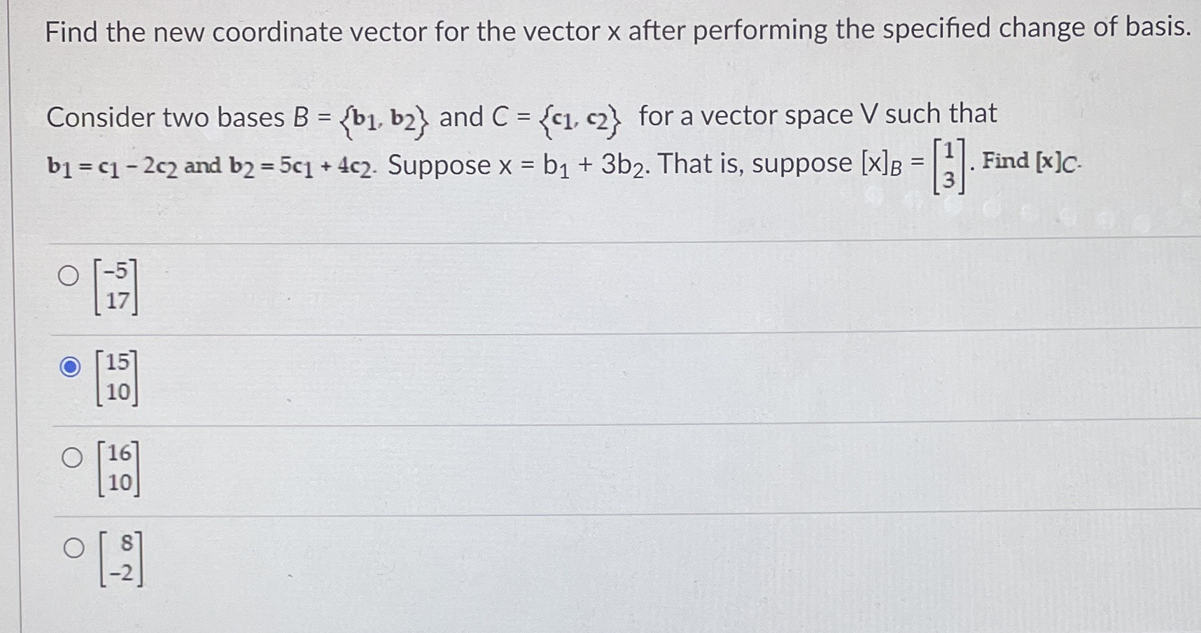 Find the new coordinate vector for the vector x after performing