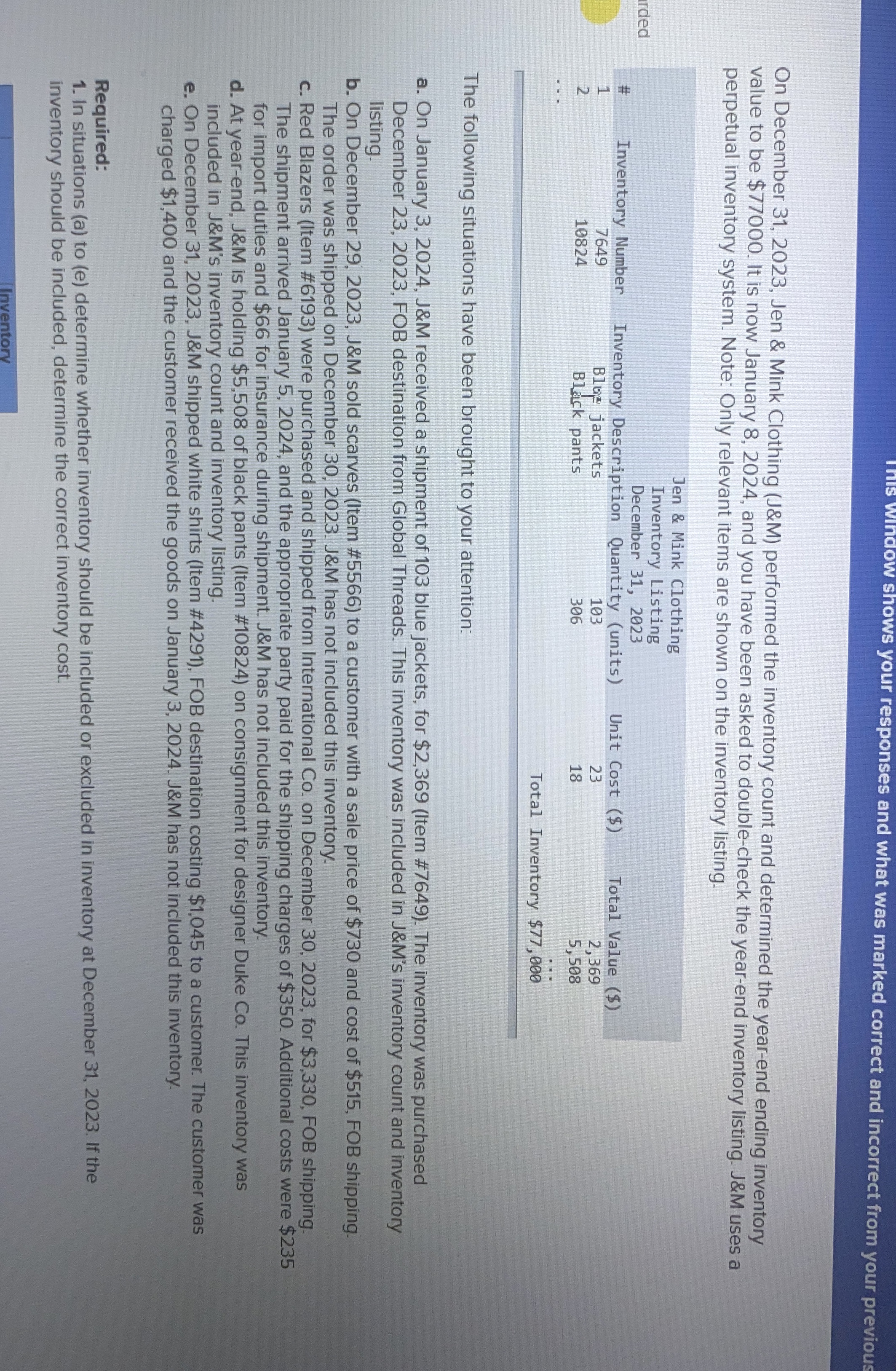  On December 31,2023, Jen & Mink Clothing (J&M) performed the inventory