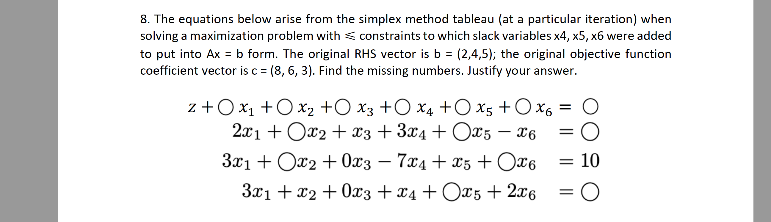 8. The equations below arise from the simplex method tableau (at