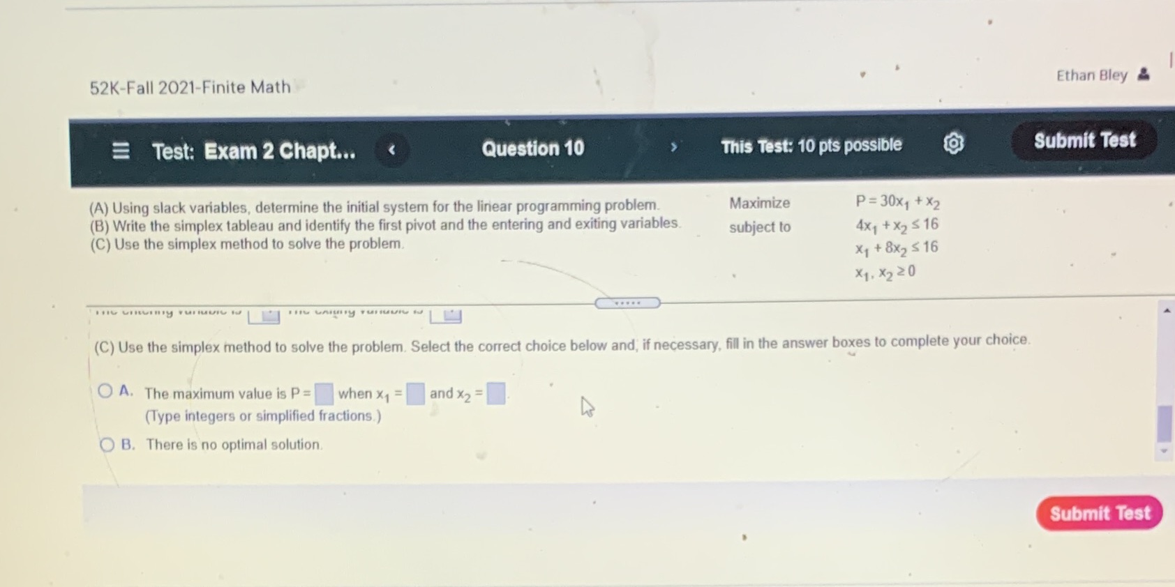  52K-Fall 2021-Finite Math Ethan Bley 2 E Test: Exam 2 Chapt...