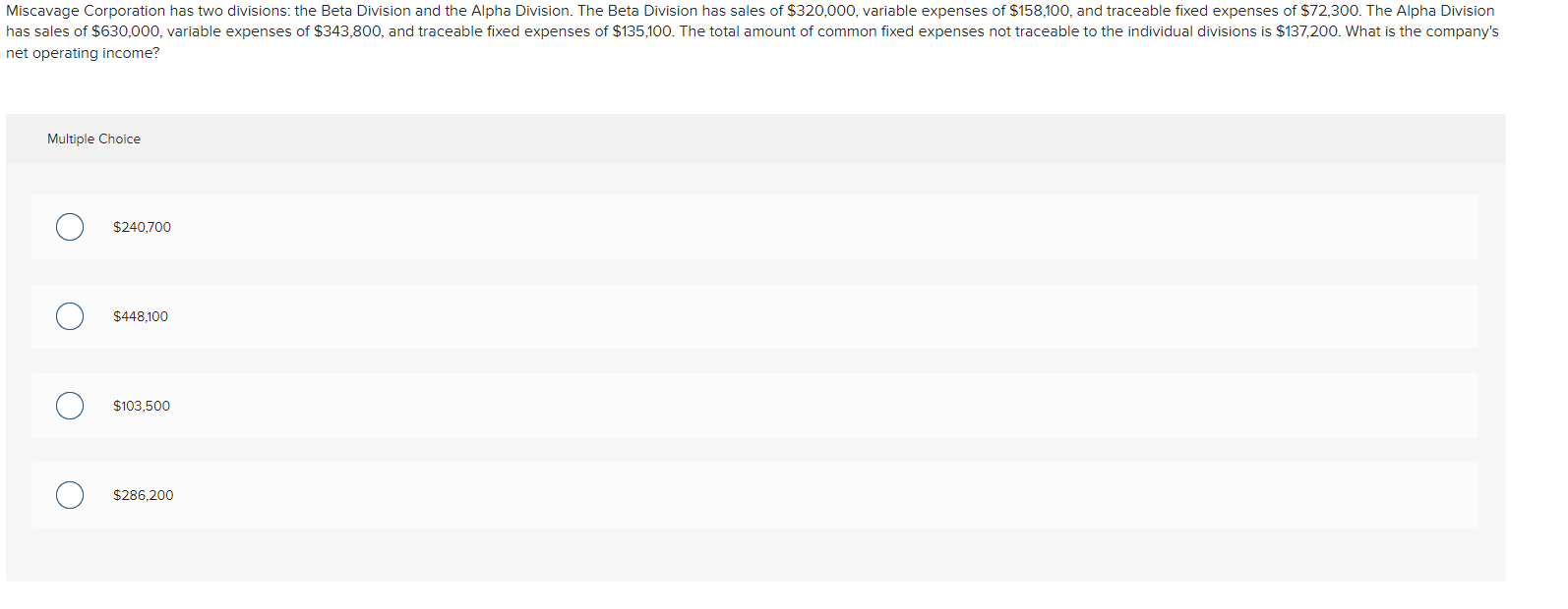  net operating income? Multiple Choice $ 240,700 $448,100 $103,500 $286,200 