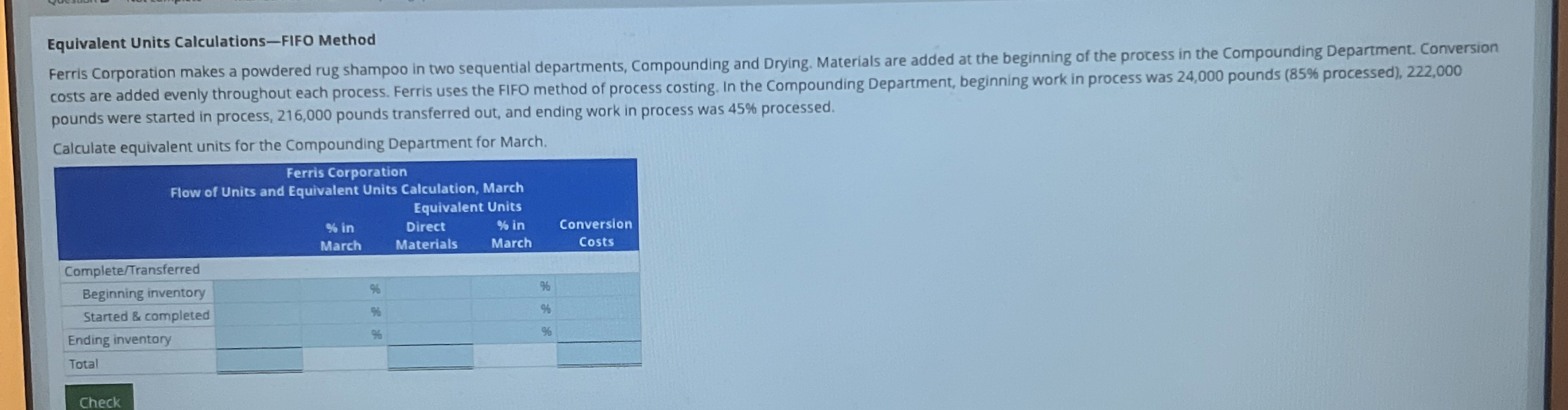  Equivalent Units Calculations-FIFO Method Ferris Corporation makes a powdered rug shampoo