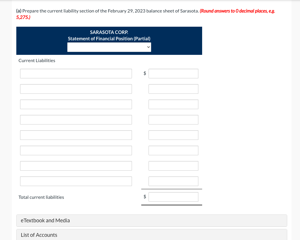  (a) Prepare the current liability section of the February 29,2023 balance