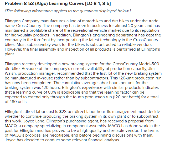  Problem 8-53(Algo) Learning Curves [LO 8-1,8-5] [The following information applies to