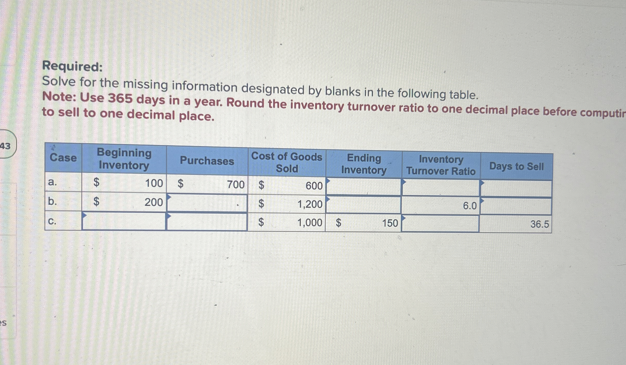  Required: Solve for the missing information designated by blanks in the