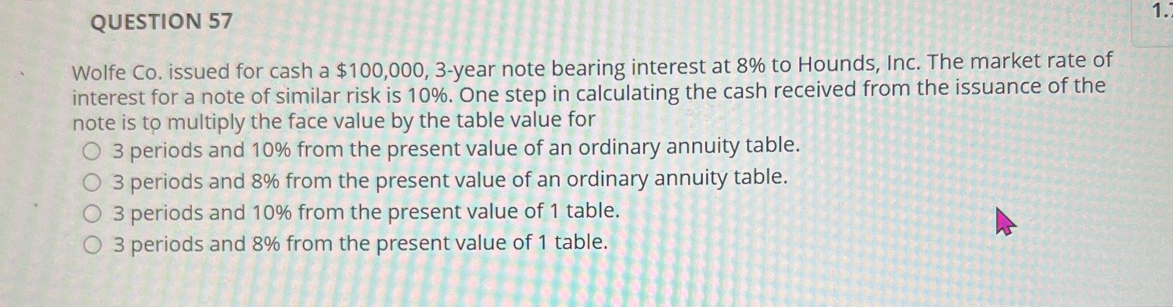  QUESTION 57 Wolfe Co. issued for cash a $100,000,3-year note bearing