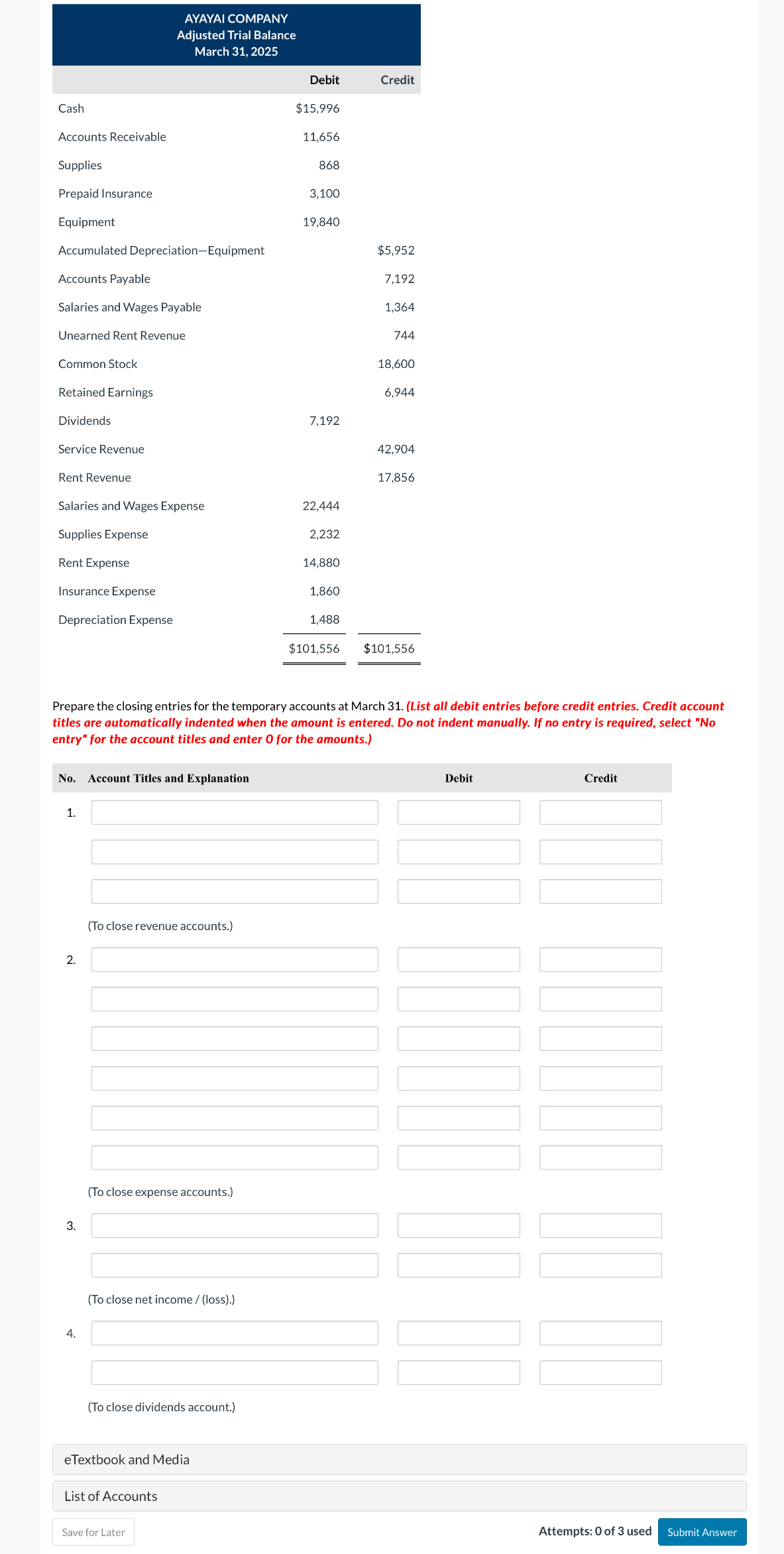  \table[[\table[[AYAYAI COMPANY],[Adjusted Trial Balance],[March 31,2025]]],[,Debit,Credit],[Cash,$15,996,],[Accounts Receivable,11,656,],[Supplies,868,],[Prepaid Insurance,3,100,],[Equipment,19,840,],[Accumulated Depreciation-Equipment,,$5,952],[Accounts Payable,,7,192],[Salaries and Wages