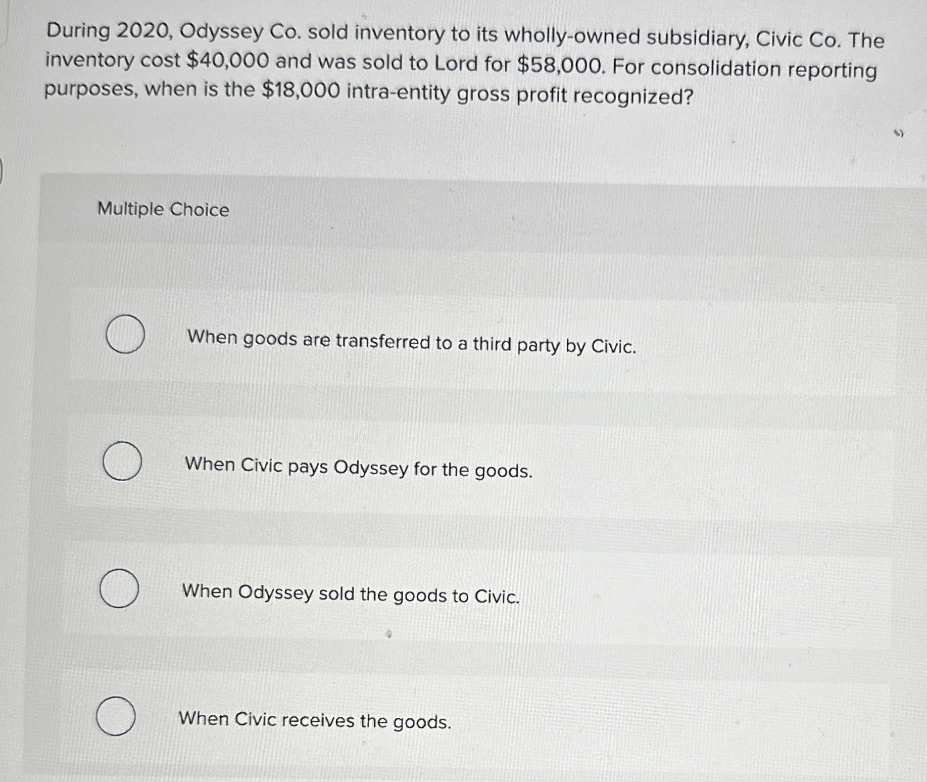  During 2020, Odyssey Co. sold inventory to its wholly-owned subsidiary, Civic
