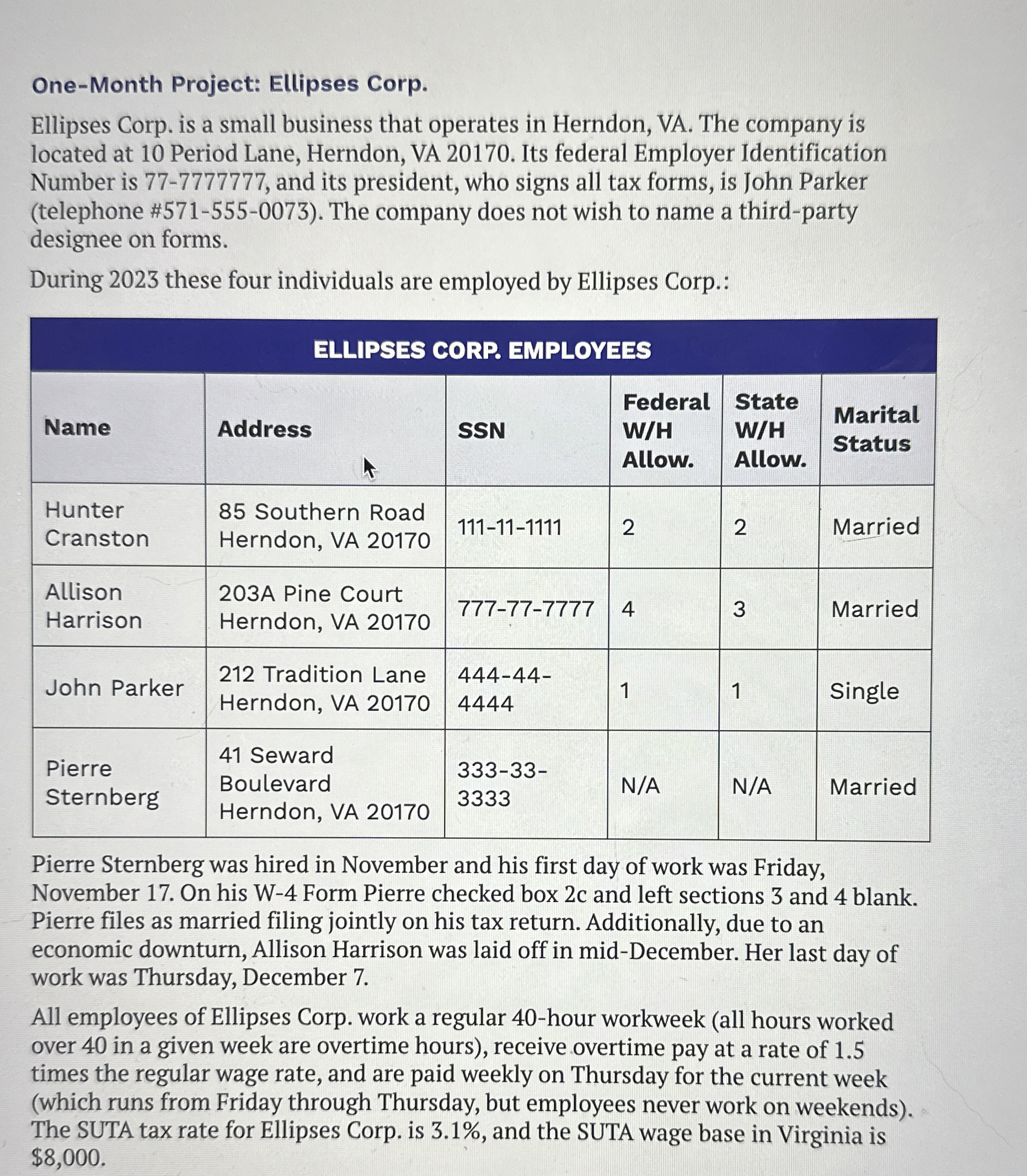 One-Month Project: Ellipses Corp. Ellipses Corp. is a small business that