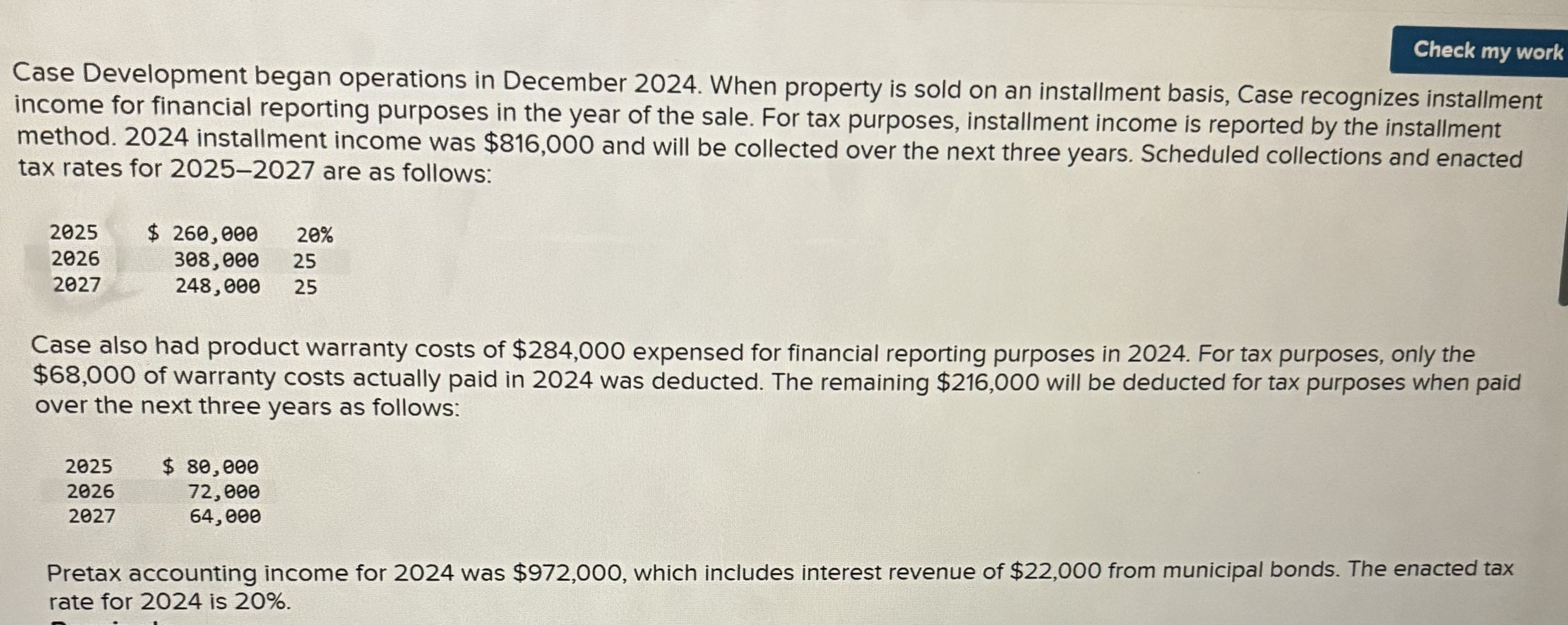  Required: Assumingno differences between accounting income and taxable income other than