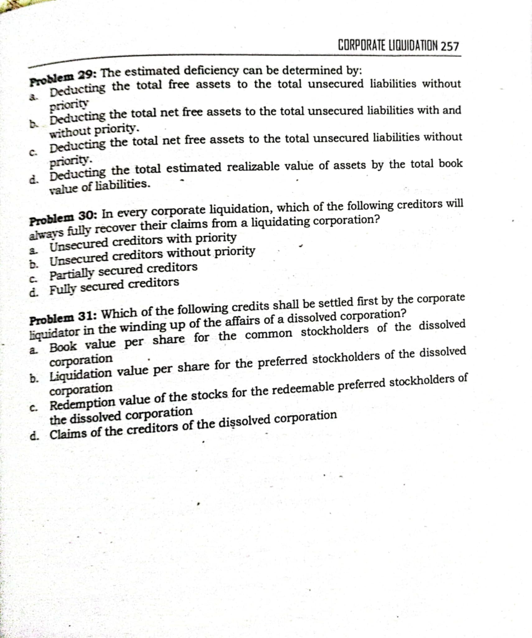 problem 29: The estimated deficiency can be determined by: a. Deducting
