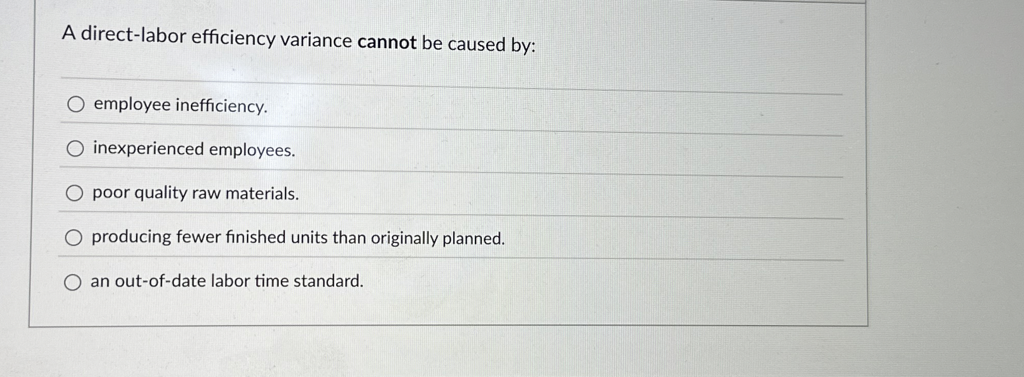  A direct-labor efficiency variance cannot be caused by: employee inefficiency. inexperienced