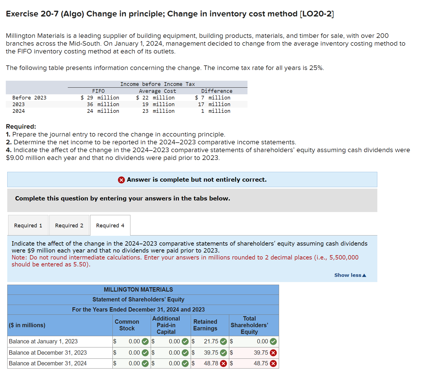  Exercise 20-7(Algo) Change in principle; Change in inventory cost method [LO20-2]