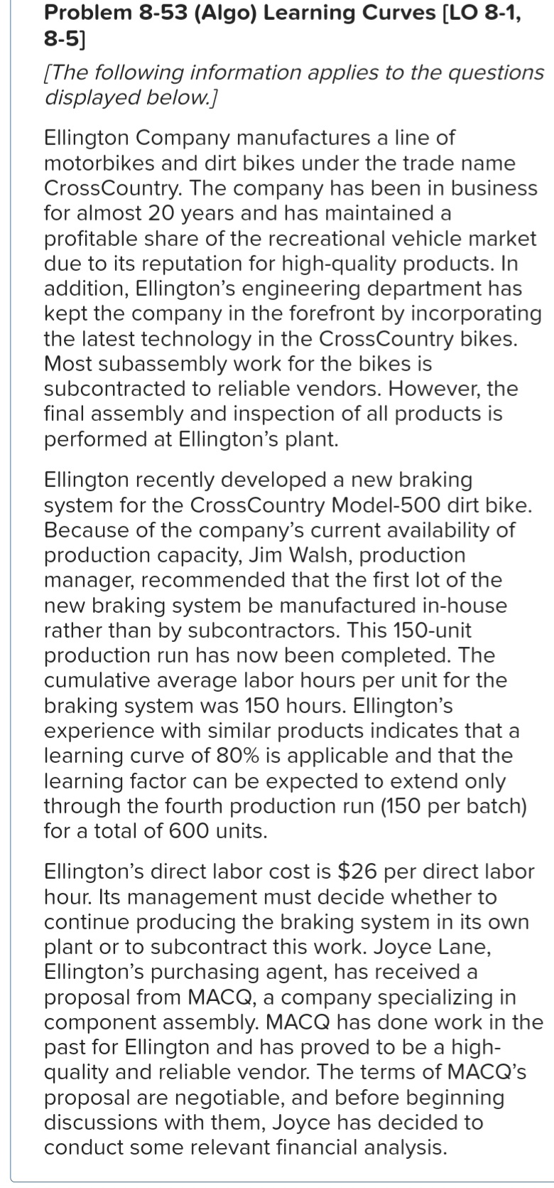  Problem 8-53(Algo) Part 1 Ellington Company has an immediate requirement for