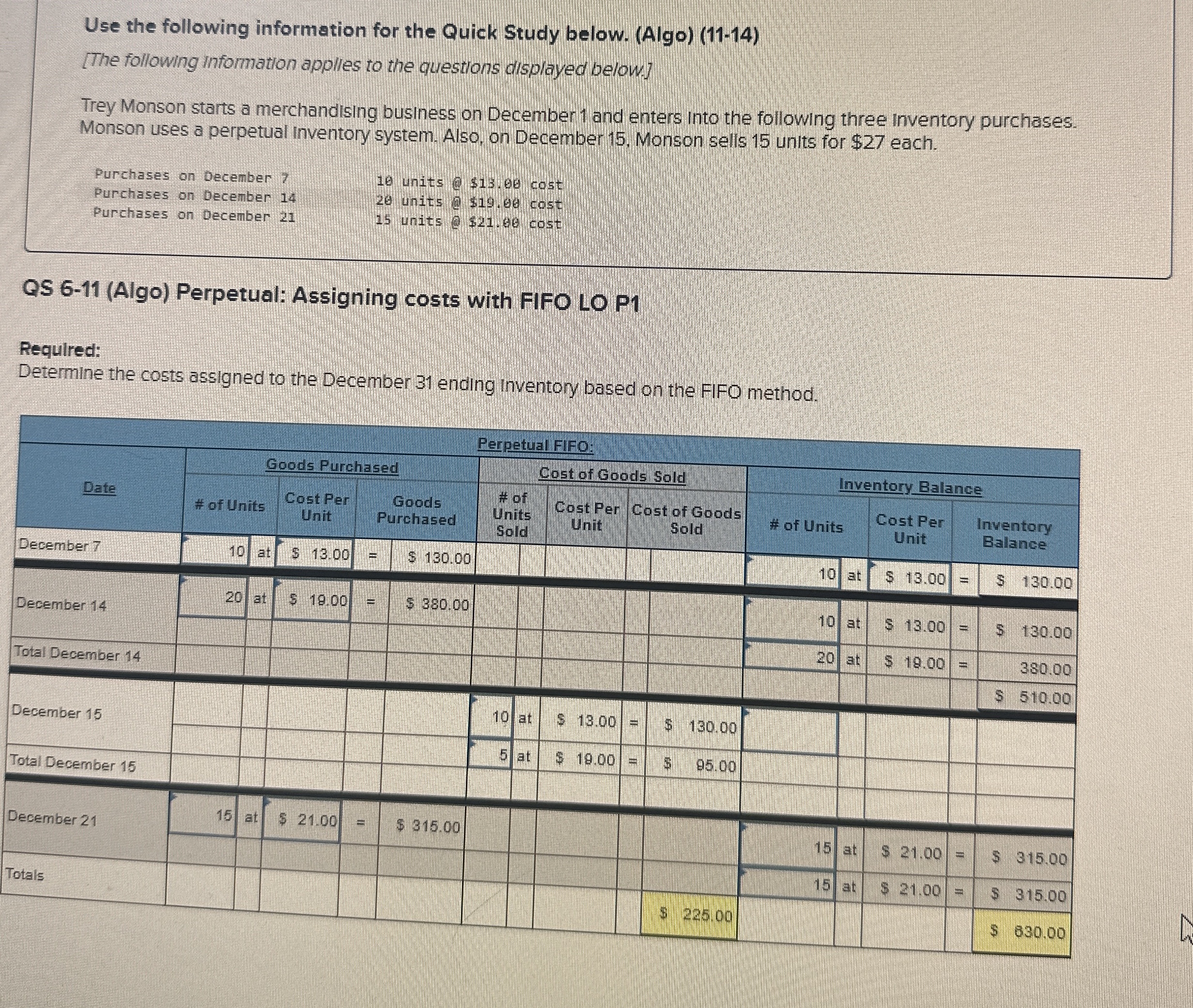  Use the following information for the Quick Study below. (Algo)(11-14) [The