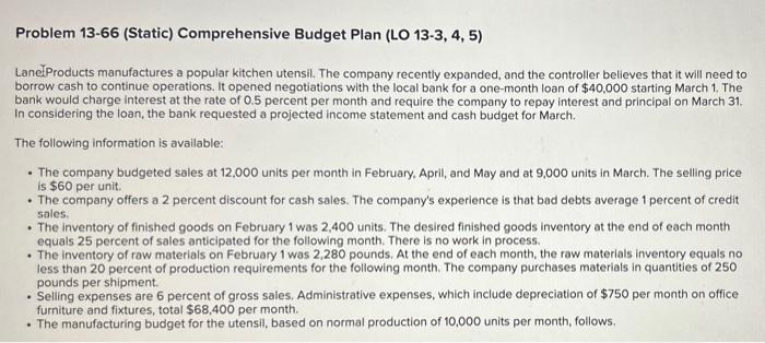  Problem 13-66(Static) Comprehensive Budget Plan (LO 13-3,4,5) Lane Products manufactures a
