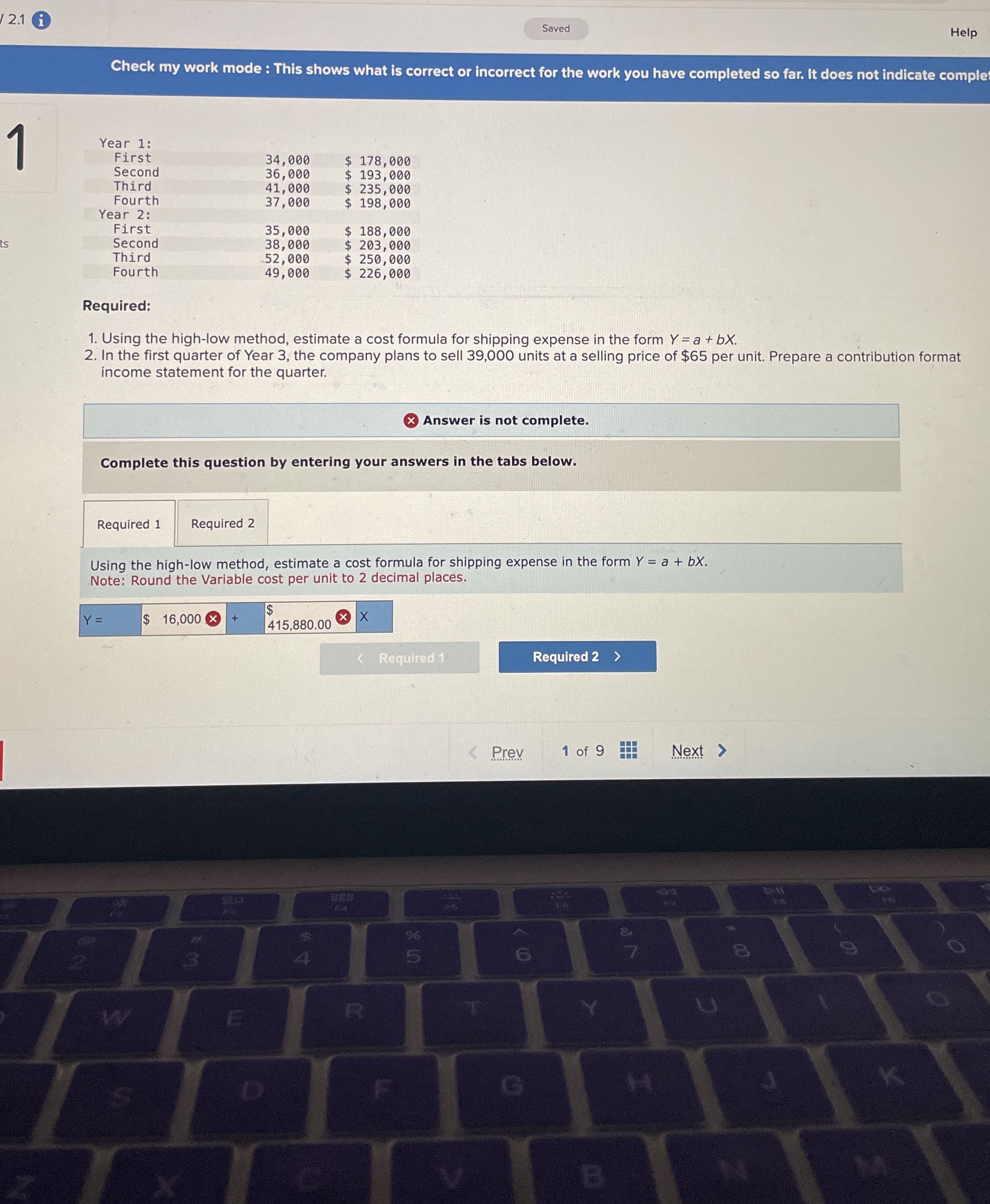  Problem 5A-9(Algo) High-Low Method; Contrlbution Format Income Statement [LO5-10] Milden Company