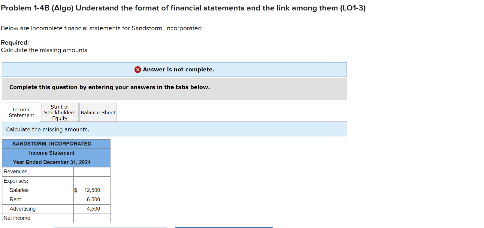  Problem 1-4B (Algo) Understand the format of financial statements and the