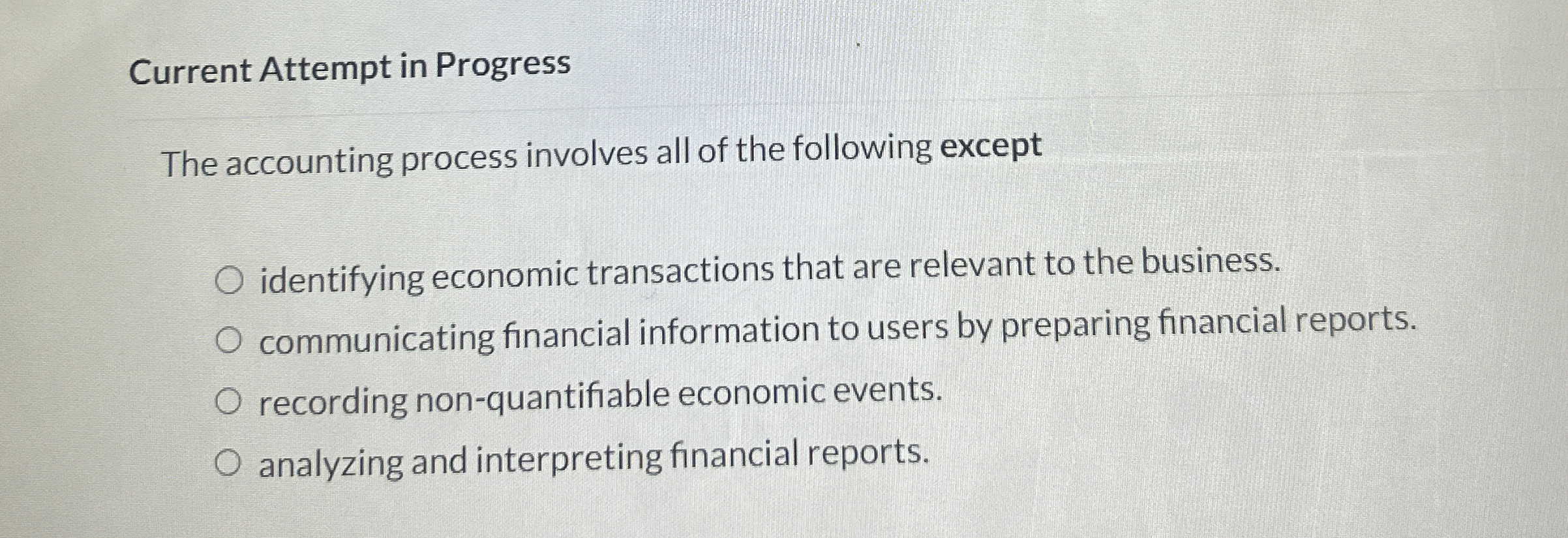  Current Attempt in Progress The accounting process involves all of the