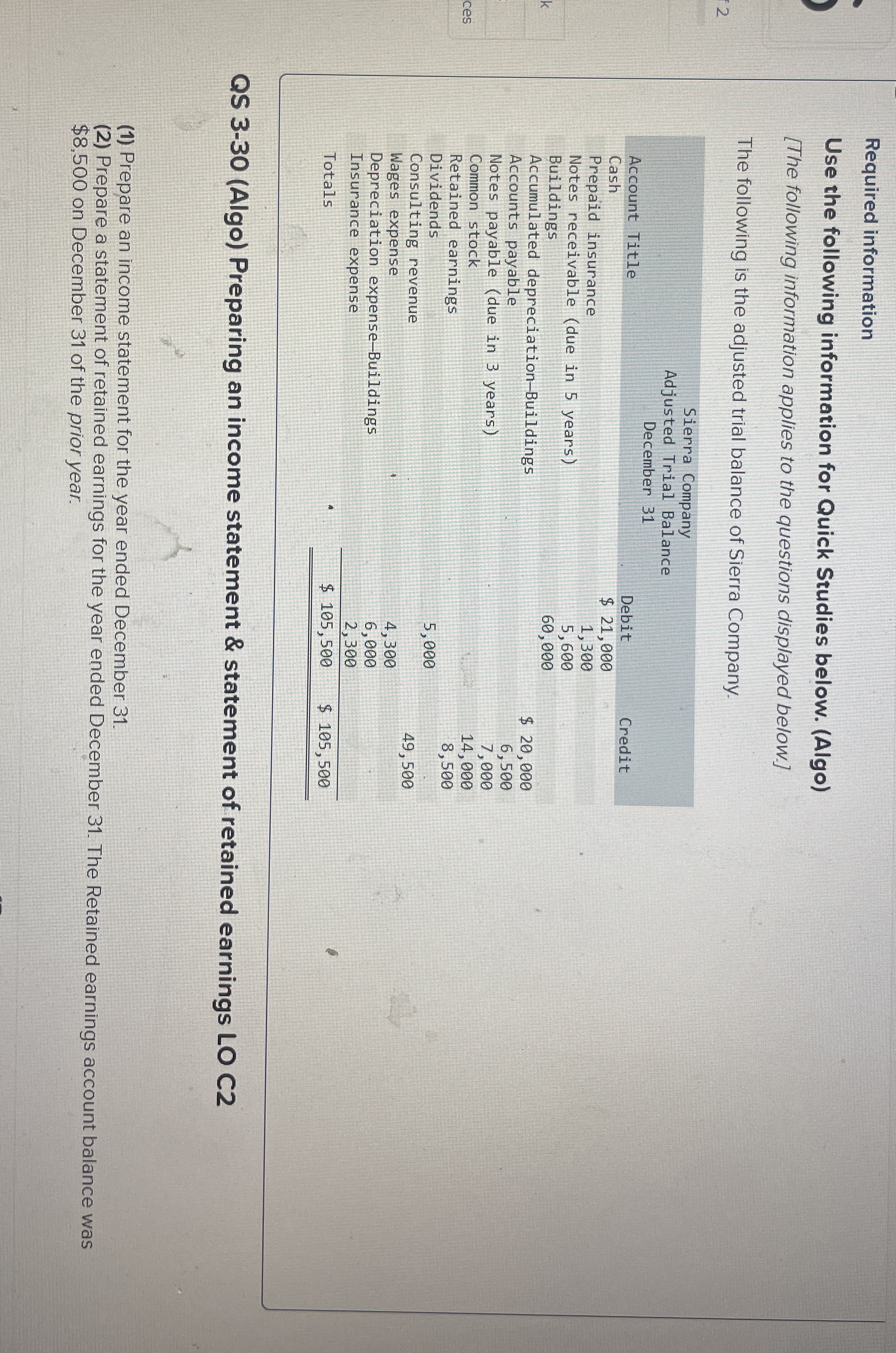  Required information Use the following information for Quick Studies below. (Algo)