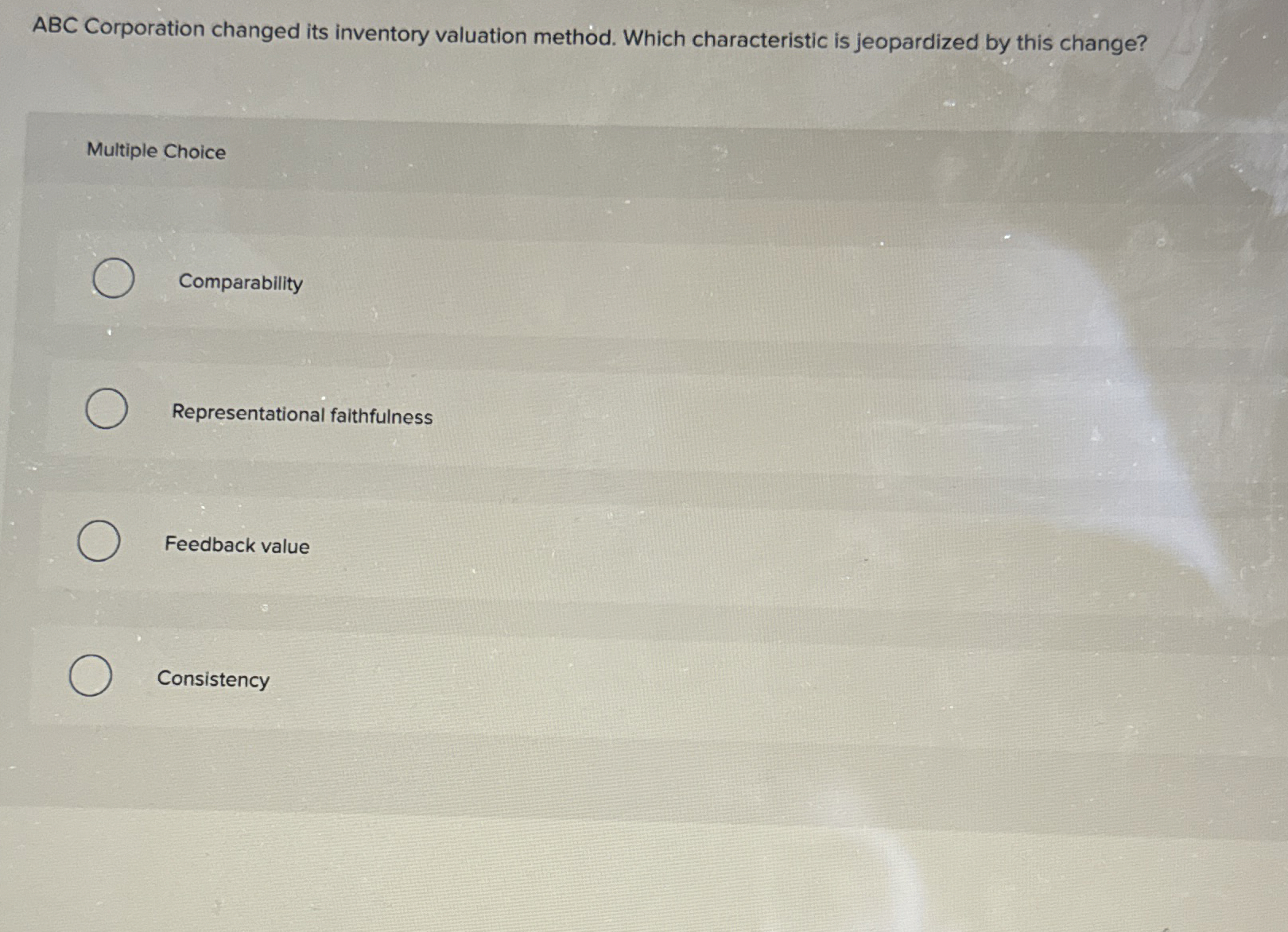 ABC Corporation changed its inventory valuation method. Which characteristic is jeopardized