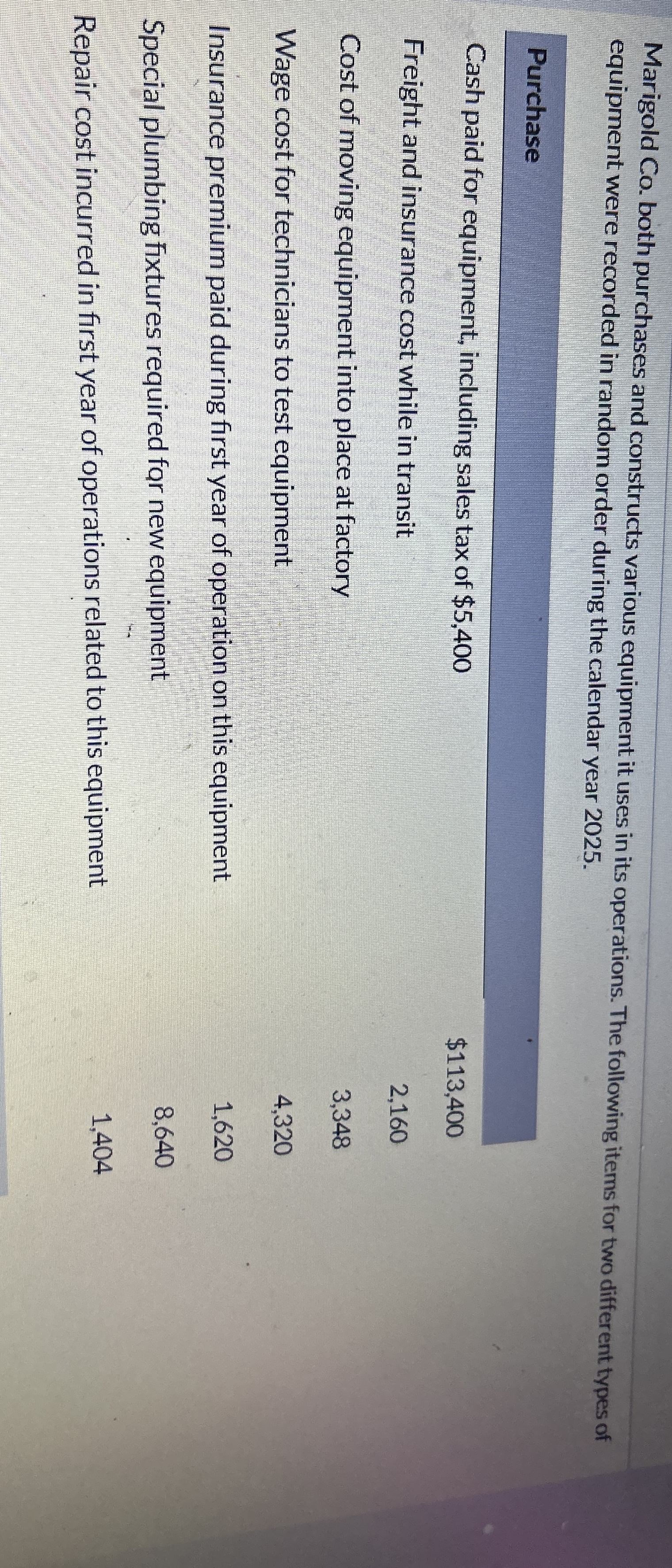  Marigold Co. both purchases and constructs various equipment it uses in