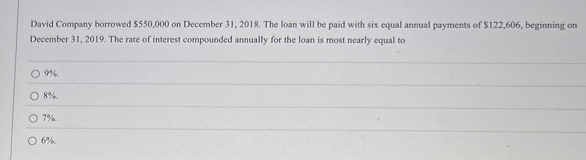  David Company borrowed $550,000 on December 31,2018. The loan will be