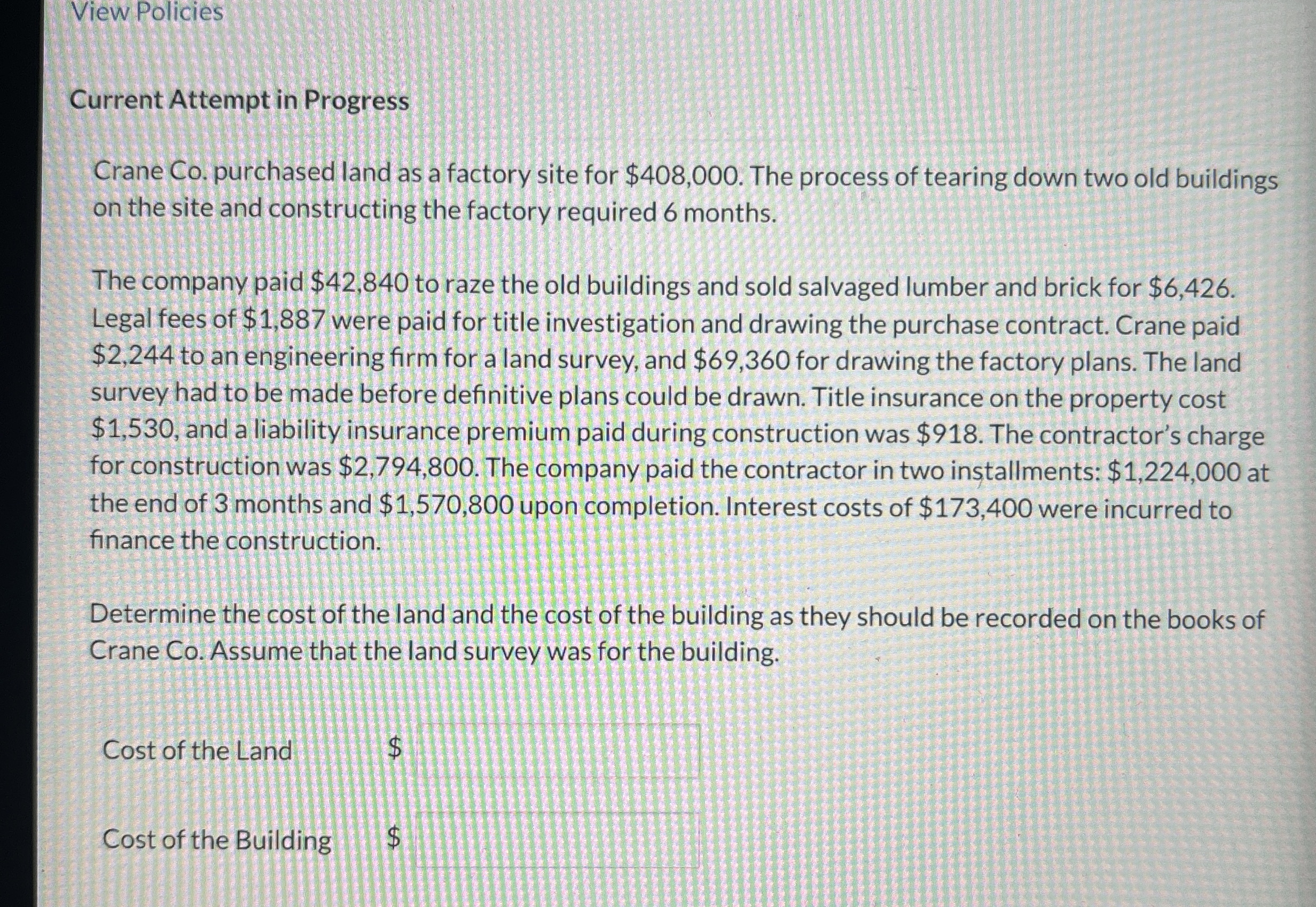  View Policies Current Attempt in Progress Crane Co. purchased land as