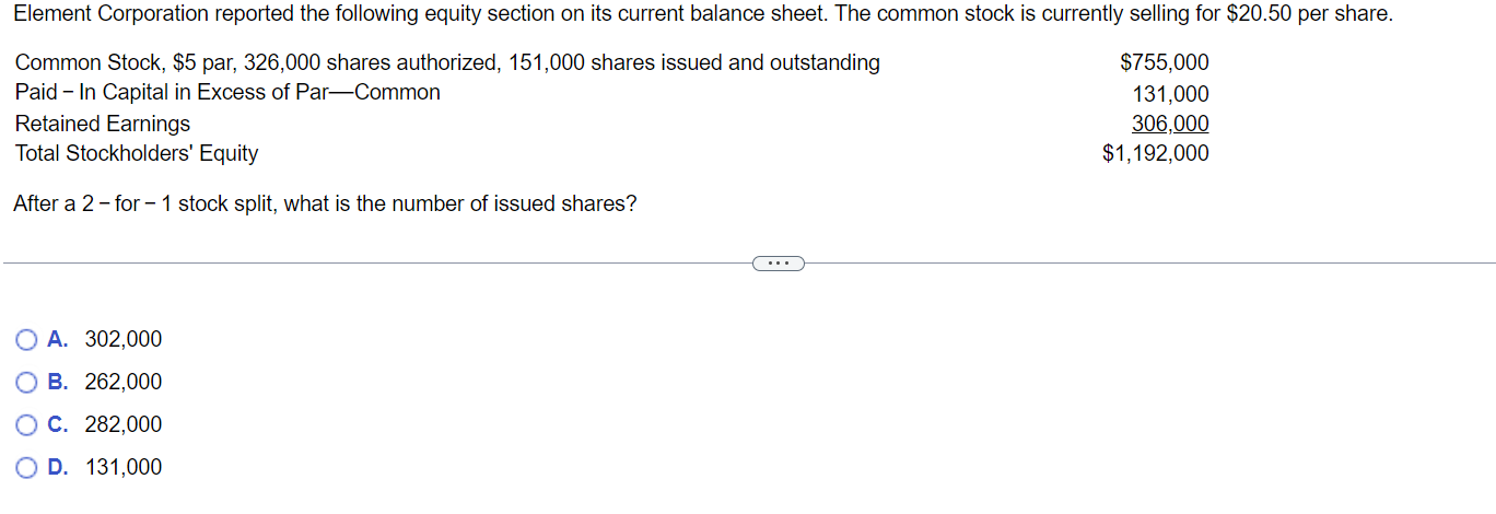  Element Corporation reported the following equity section on its current balance