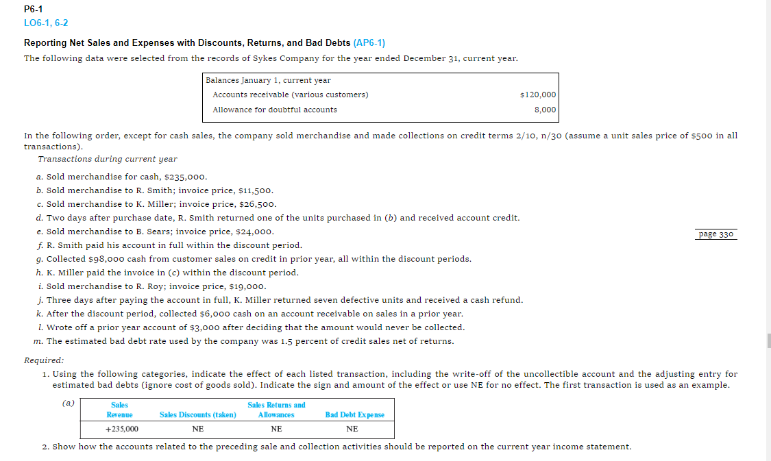  *READ FIRST* P6-7 (Chapter Supplement) Recording Sales, Returns, and Bad Debts