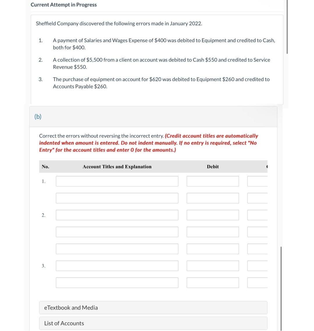  Current Attempt in Progress Sheffield Company discovered the following errors made
