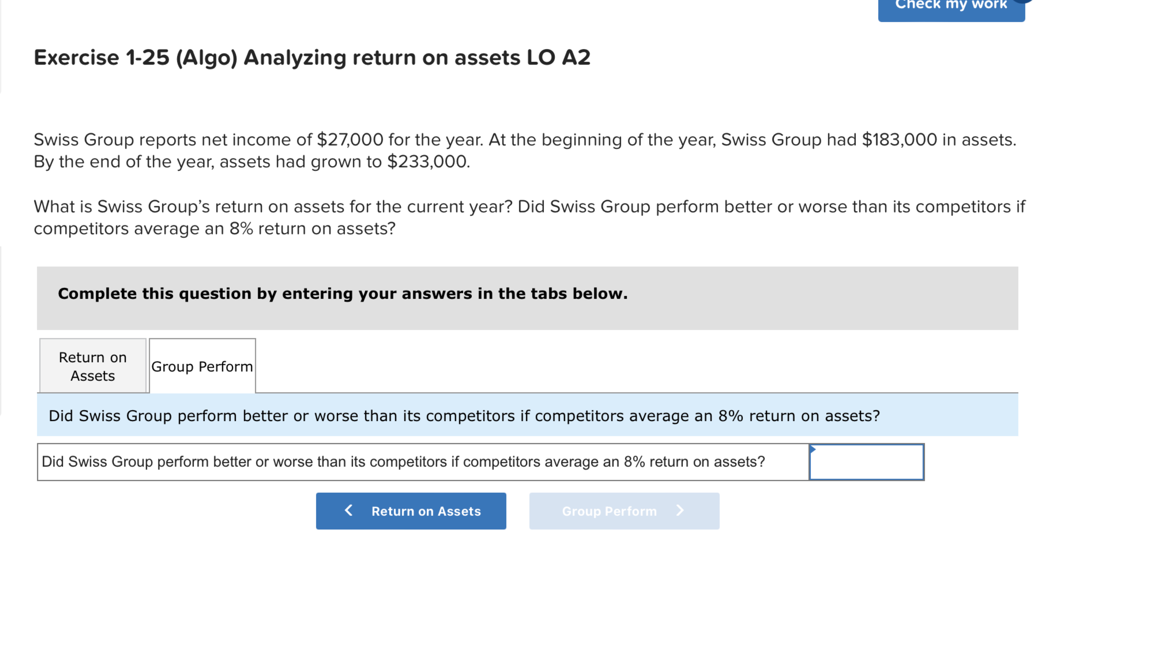  Exercise 1-25(Algo) Analyzing return on assets LO A2 Swiss Group reports