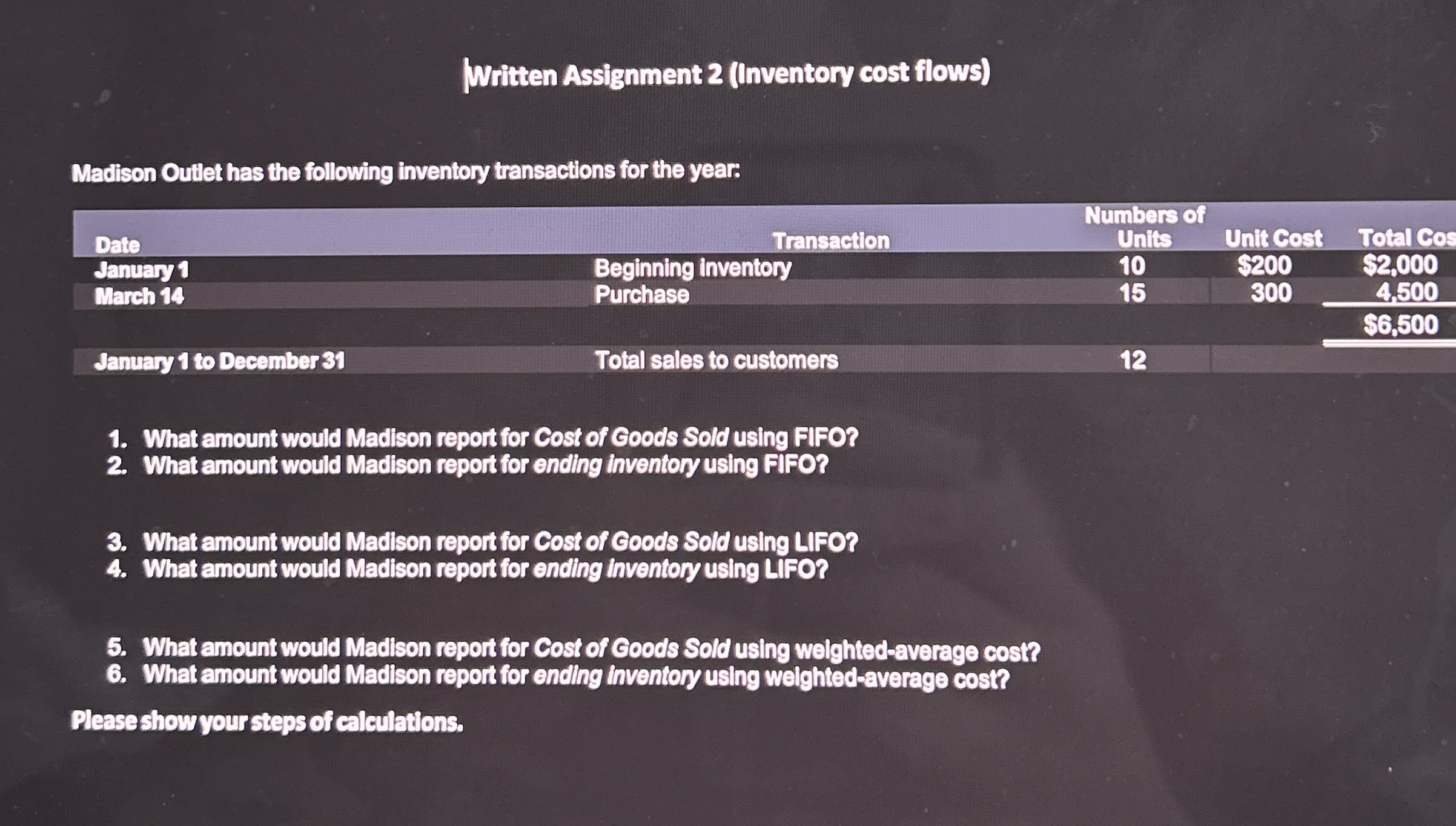  Written Assignment 2(Inventory cost flows) Madison Outlet has the following inventory