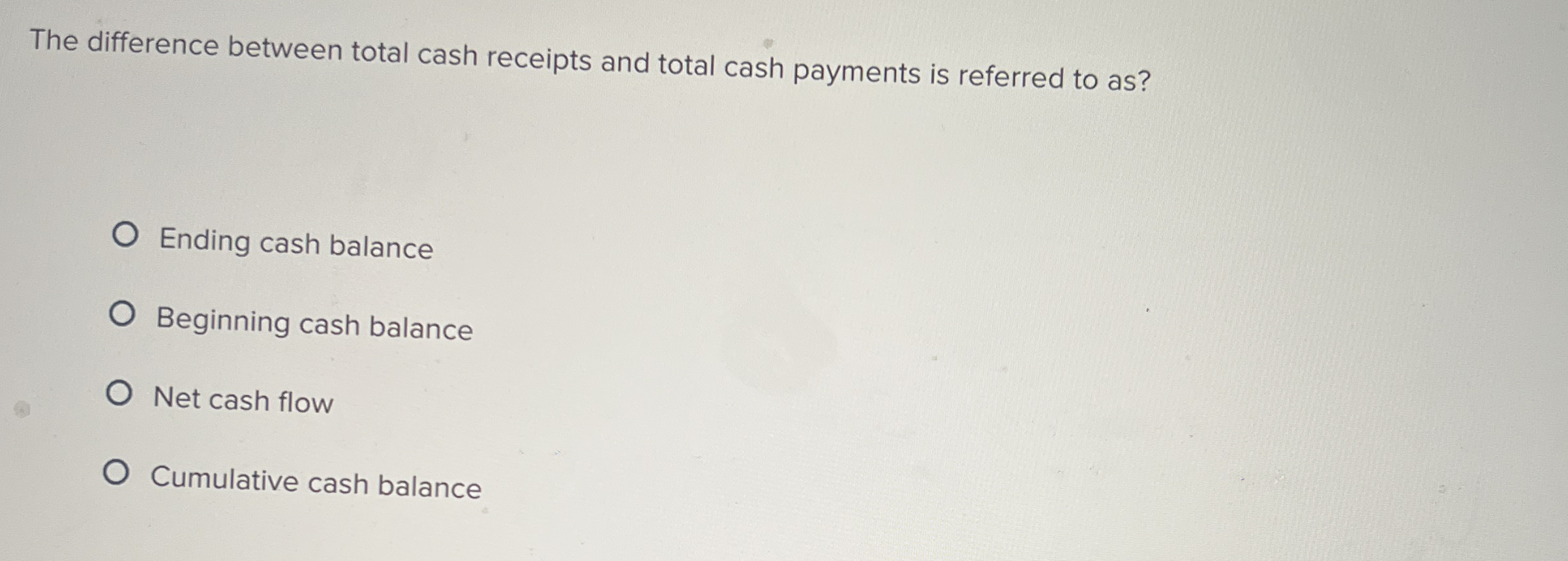 The difference between total cash receipts and total cash payments is